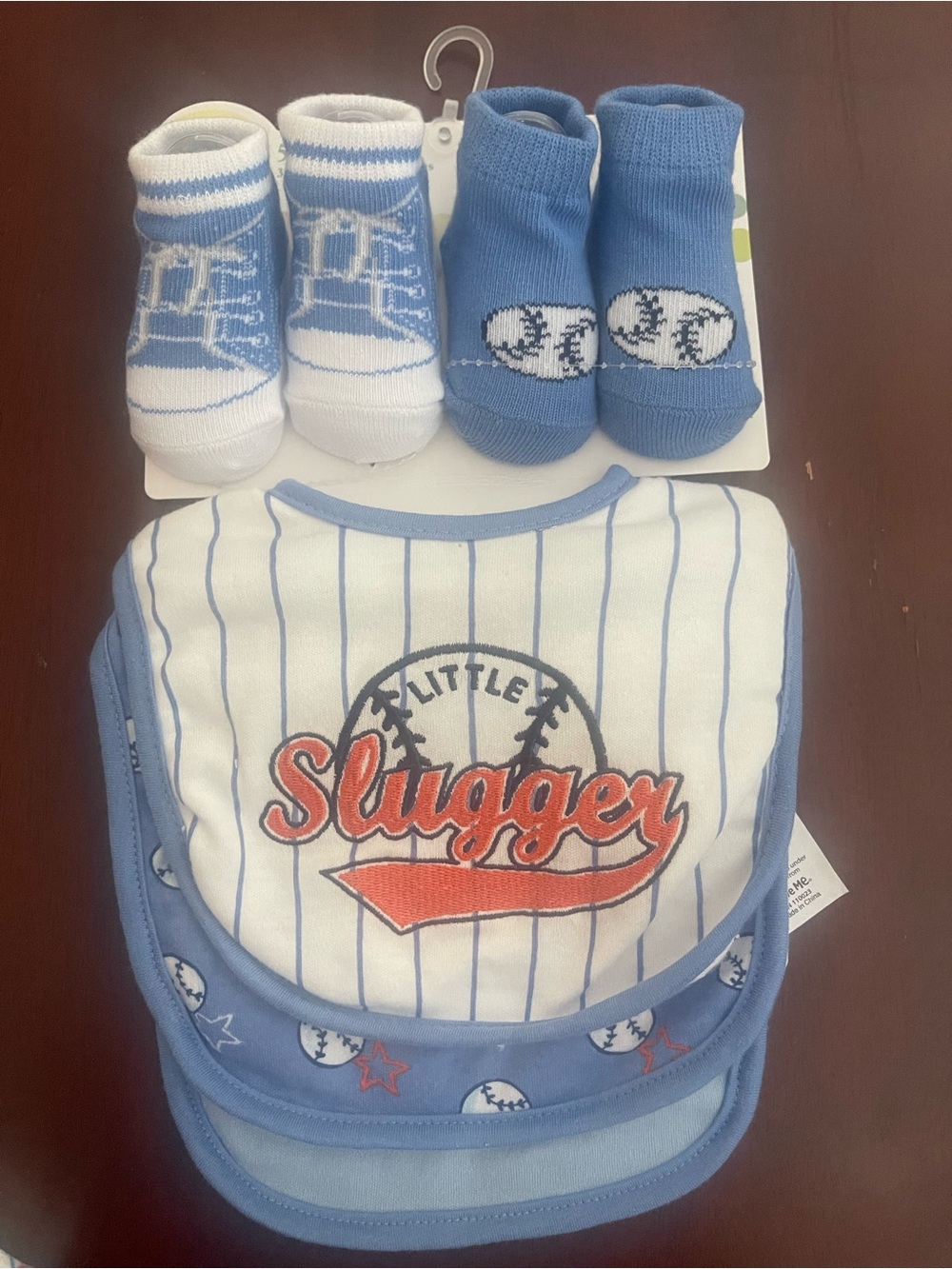 Little Me Blue and White 'Little Slugger' Baby Bib & Sock Set